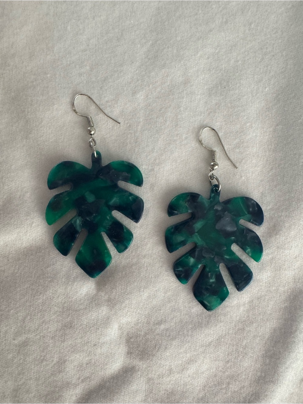 Handmade Green Resin Plant Leaf Earrings on Sterling Silver